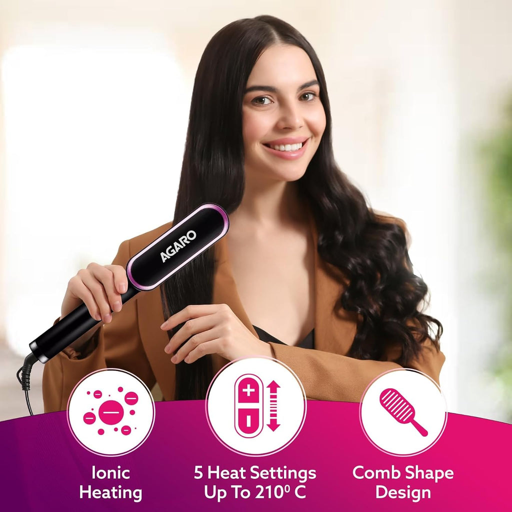AGARO Hair Straightening Brush, Hair Straightening Comb For Women, Fast Heating, Ionic Care, 5 Heat Settings, Hair Straightener, Hot Brush, Gives Naturally...
