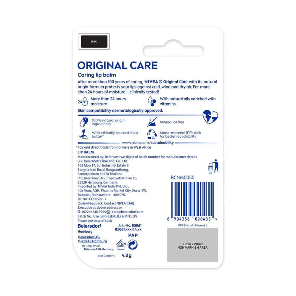 NIVEA Original Care 4.8g Lip Balm|24 H Melt in Moisture Formula|Natural Oils|Nourished Lips,4.8 g (Pack of 1)