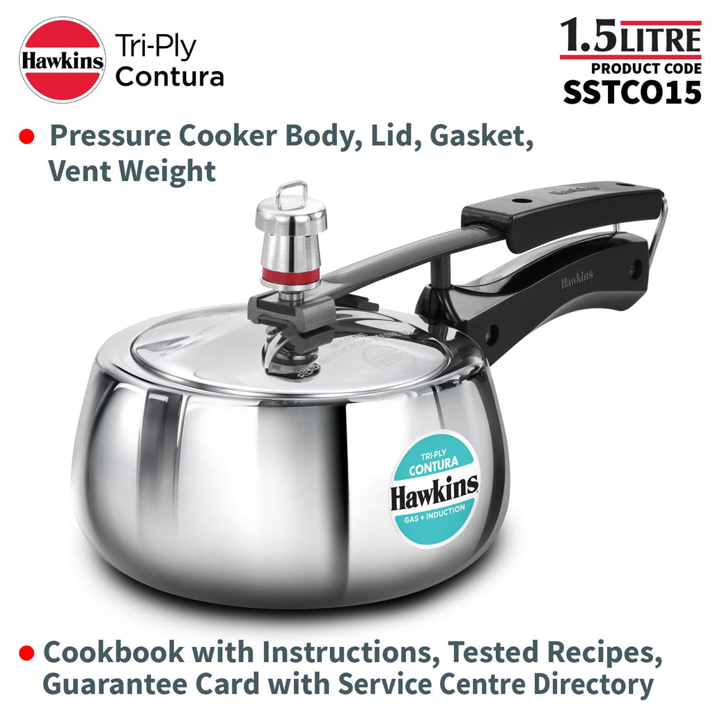 Hawkins Contura 1.5 Litre Stainless steel Pressure Cooker | Curved Body | Induction Compatible | Ideal for 1 2 persons | ISI Certified | Guaranteed for 5...