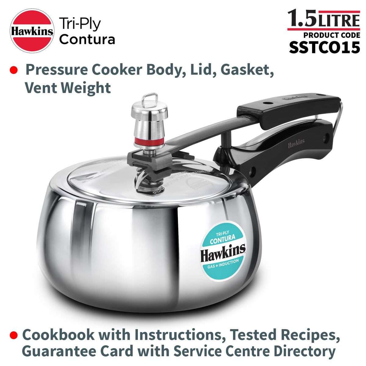 Hawkins Contura 1.5 Litre Stainless steel Pressure Cooker | Curved Body | Induction Compatible | Ideal for 1 2 persons | ISI Certified | Guaranteed for 5...