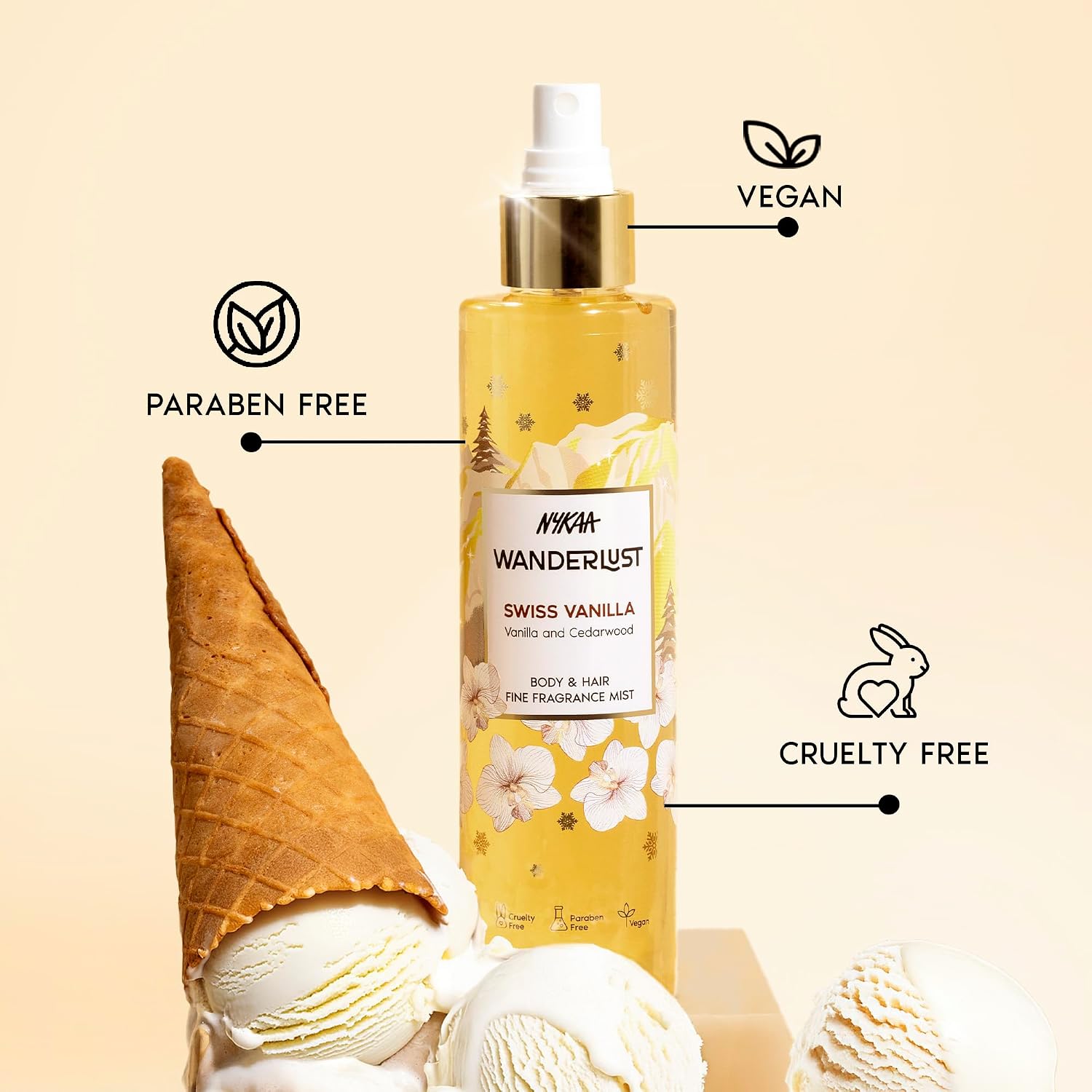 Nykaa Wanderlust Swiss Vanilla Body & Hair fine fragrance Mist 200 ml