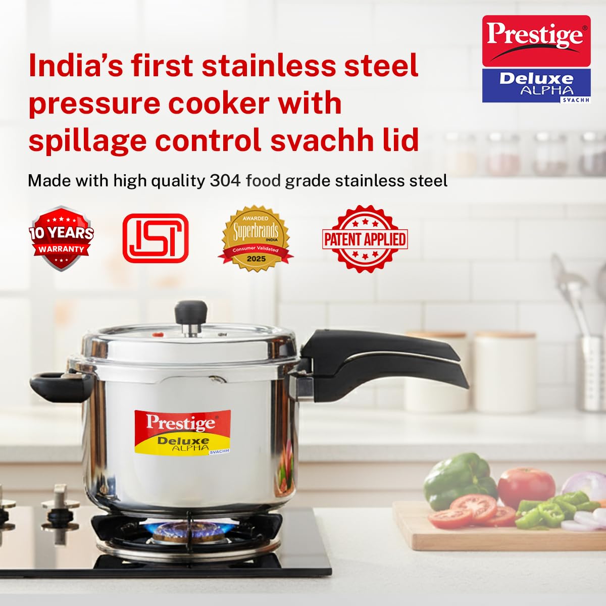 Prestige 6.5 Litre Stainless Steel Deluxe Alpha Svachh Outer Lid Pressure Cooker | 10Y Warranty | Deep Lid for Spillage Control | TRIPLY Base | Gasket Release System | Gas & Induction Compatible | ISI