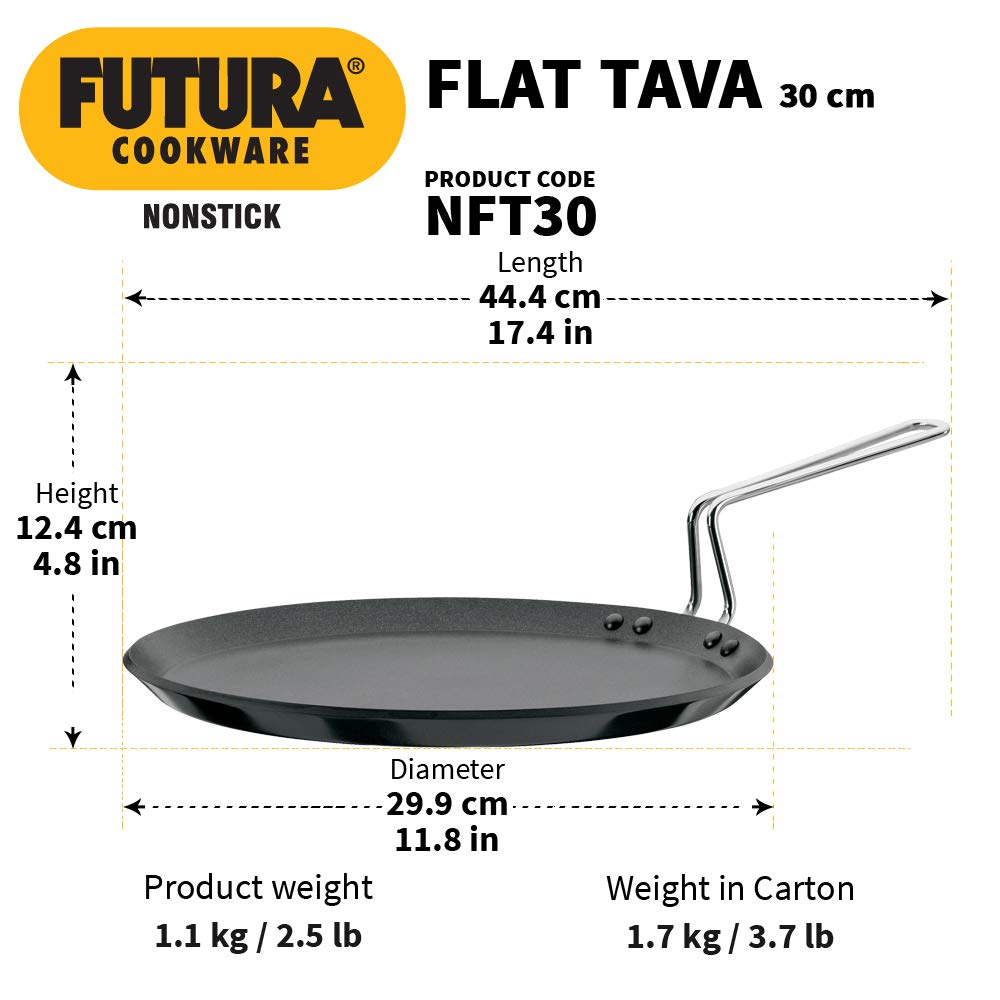 Hawkins Futura 30 cm Flat Tava, Non Stick Tawa with Stainless Steel Handle, Tawa with Rim, Pancake Pan, Flat Pan, Black (NFT30)