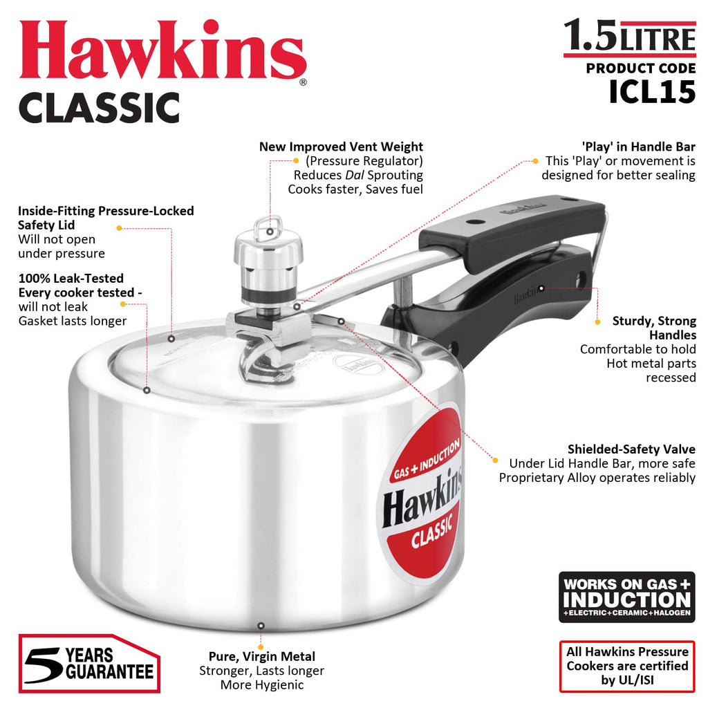 Hawkins 1.5 Litre Classic Pressure Cooker, Induction Inner Lid Baby Cooker, Best Cooker, Silver (ICL15)