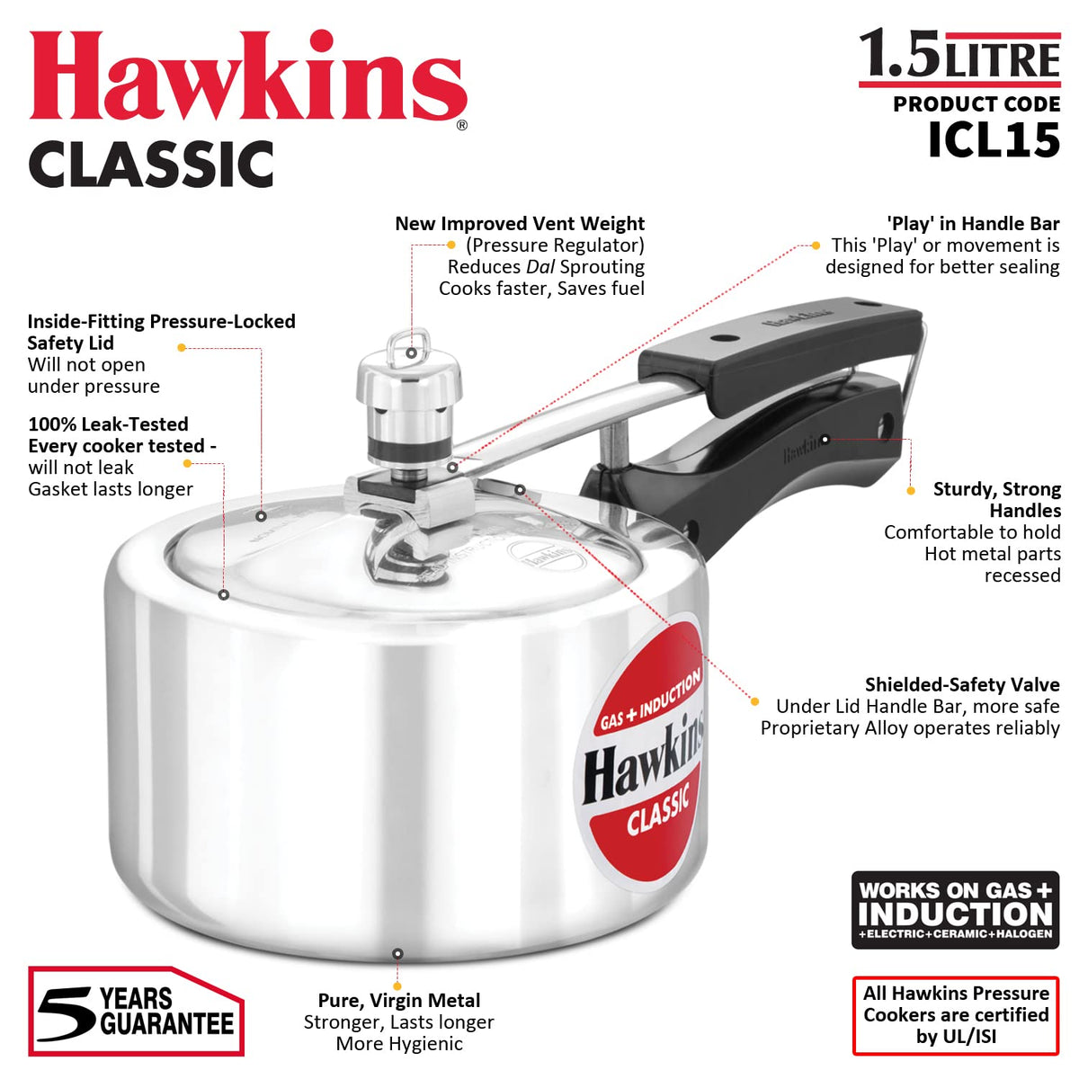 Hawkins 1.5 Litre Classic Pressure Cooker, Induction Inner Lid Baby Cooker, Best Cooker, Silver (ICL15)