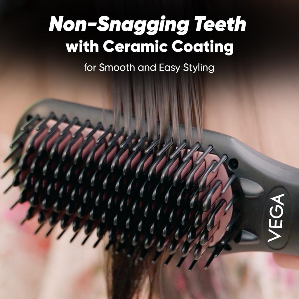 Vega Black Shine Hair Straightener Brush for Women, Straight in Min, Ionic & Thermoprotect Technology, 16 Temperature Settings