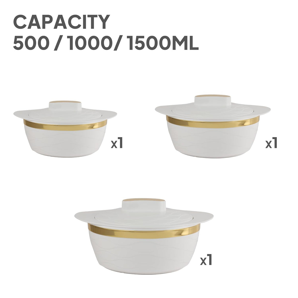 Cello Gold Crust Insulated Casserole Set of 3, (500ml, 1000ml, 1500ml) White |