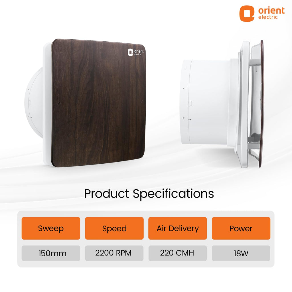 Orient Ventro exhaust 150 mm | Walnut Wood | Glass and wall mountable | Elegant design with high performance | Noiseless Operation | 2 year warranty