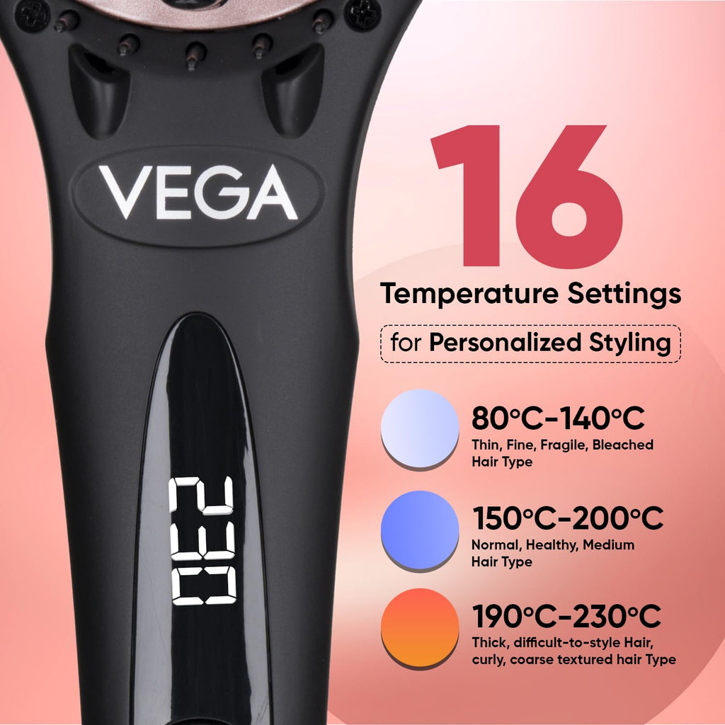 Vega Black Shine Hair Straightener Brush for Women, Straight in Min, Ionic & Thermoprotect Technology, 16 Temperature Settings