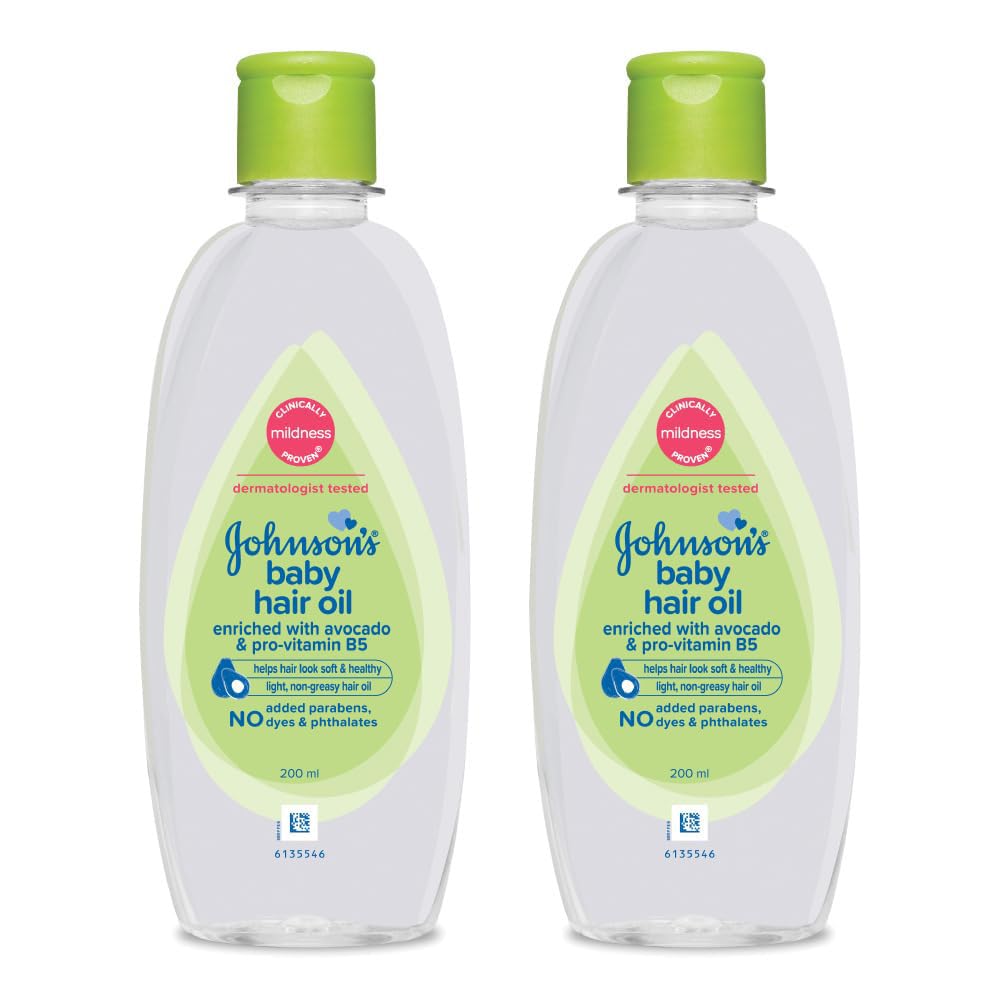 Johnson's Baby Hair Oil Combo 200ml x 2 | Light, Non-Greasy Baby Hair Oil | Enriched with Avocado & Pro-Vitamin B5