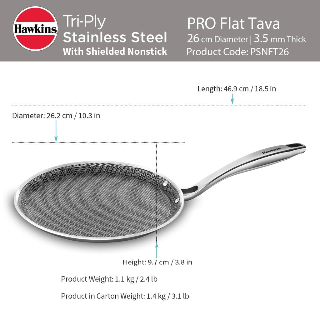 Hawkins 26 cm Triply with Shielded Nonstick Pro Flat Tava | Induction & Gas Compatible | Flat Surface, Spill-Resistant Rim | Silver (PSNFT26)