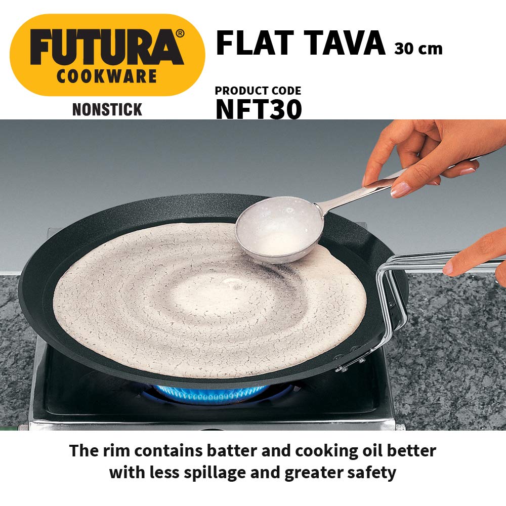 Hawkins Futura 30 cm Flat Tava, Non Stick Tawa with Stainless Steel Handle, Tawa with Rim, Pancake Pan, Flat Pan, Black (NFT30)