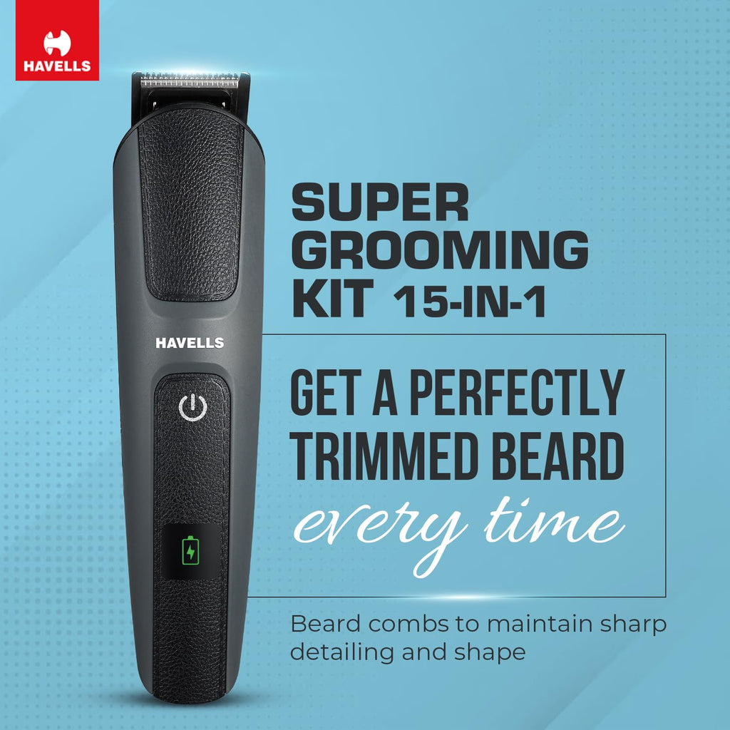 Havells HD3151 1200 Watts Foldable Hair Dryer; 3 Heat (Hot/Cool/Warm) Settings including Cool Shot button & Havells Super Grooming Kit GS8714, 15 IN 1,...