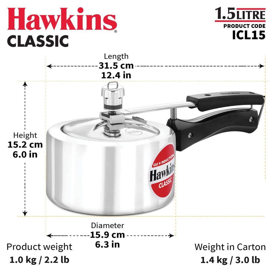 Hawkins 1.5 Litre Classic Pressure Cooker, Induction Inner Lid Baby Cooker, Best Cooker, Silver (ICL15)