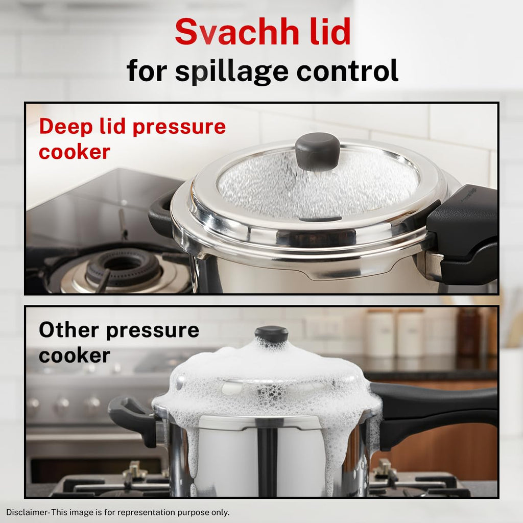 Prestige 6.5 Litre Stainless Steel Deluxe Alpha Svachh Outer Lid Pressure Cooker | 10Y Warranty | Deep Lid for Spillage Control | TRIPLY Base | Gasket Release System | Gas & Induction Compatible | ISI