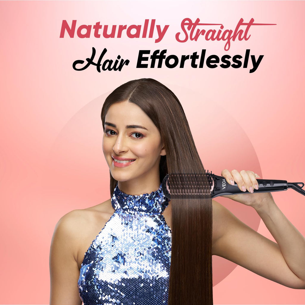 Vega Black Shine Hair Straightener Brush for Women, Straight in Min, Ionic & Thermoprotect Technology, 16 Temperature Settings