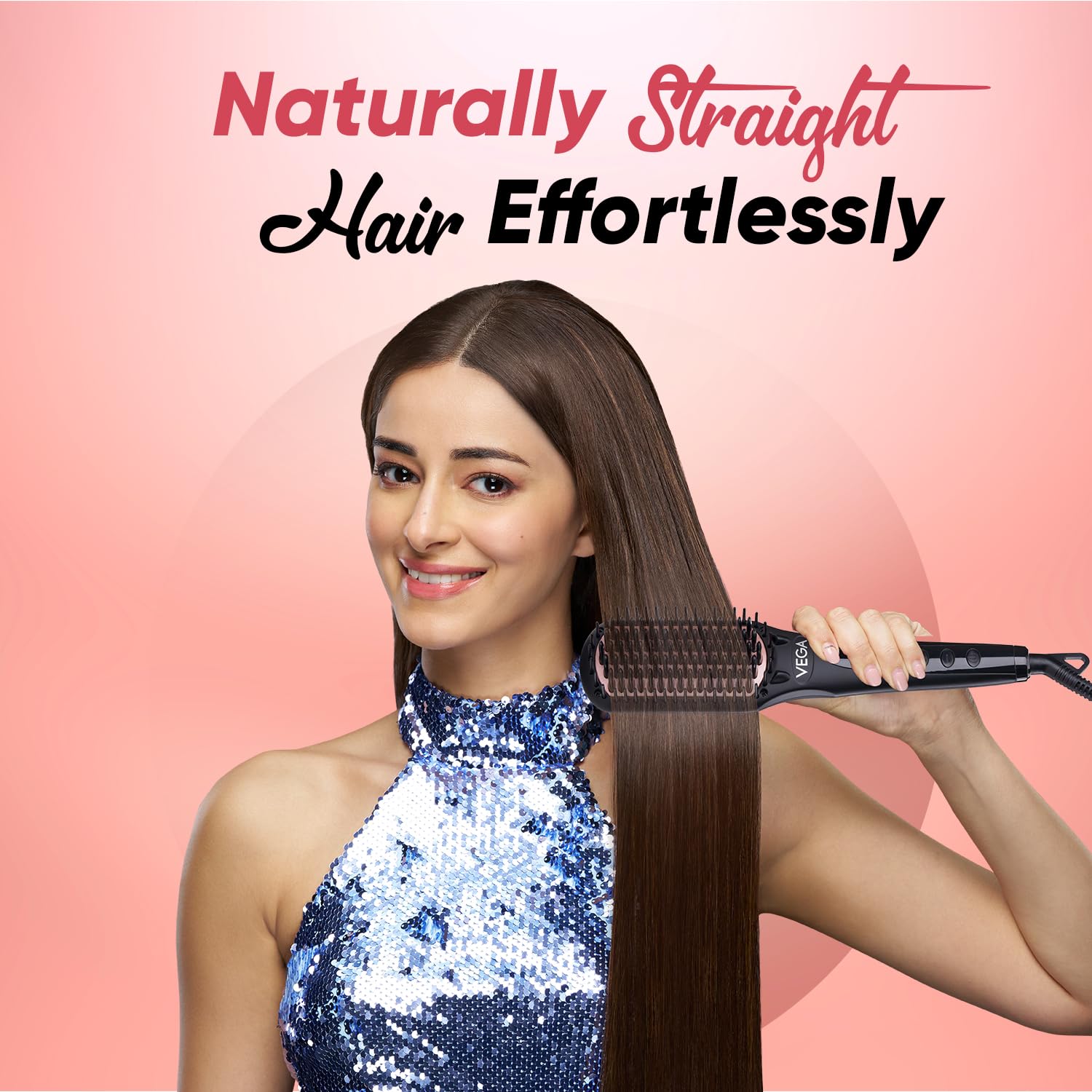 Vega Black Shine Hair Straightener Brush for Women, Straight in Min, Ionic & Thermoprotect Technology, 16 Temperature Settings