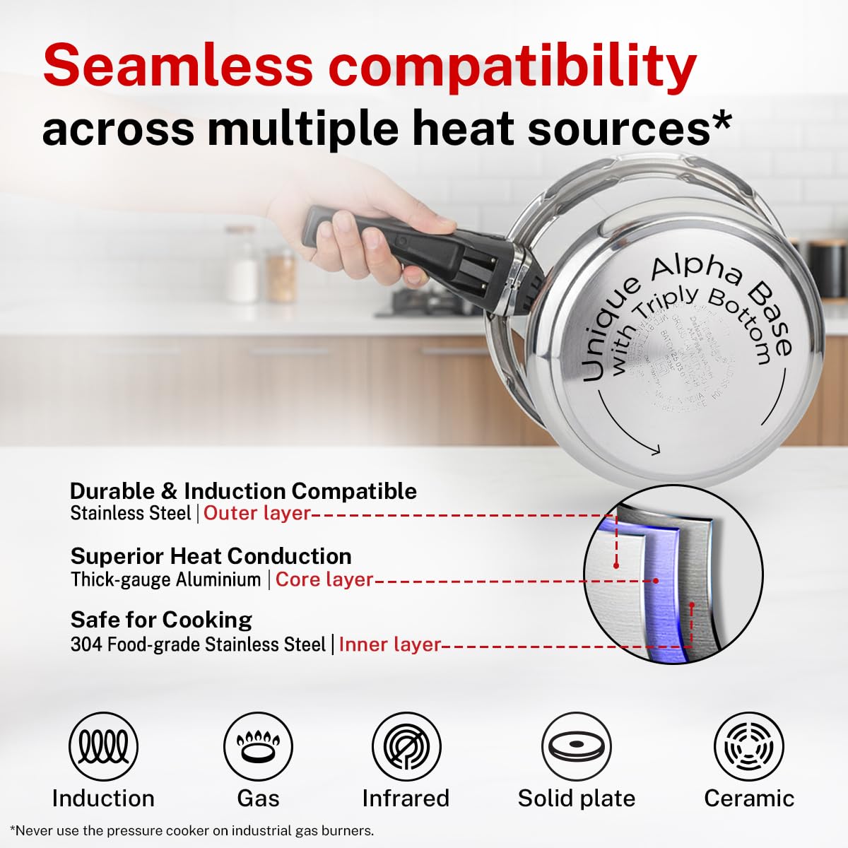 Prestige 6.5 Litre Stainless Steel Deluxe Alpha Svachh Outer Lid Pressure Cooker | 10Y Warranty | Deep Lid for Spillage Control | TRIPLY Base | Gasket Release System | Gas & Induction Compatible | ISI