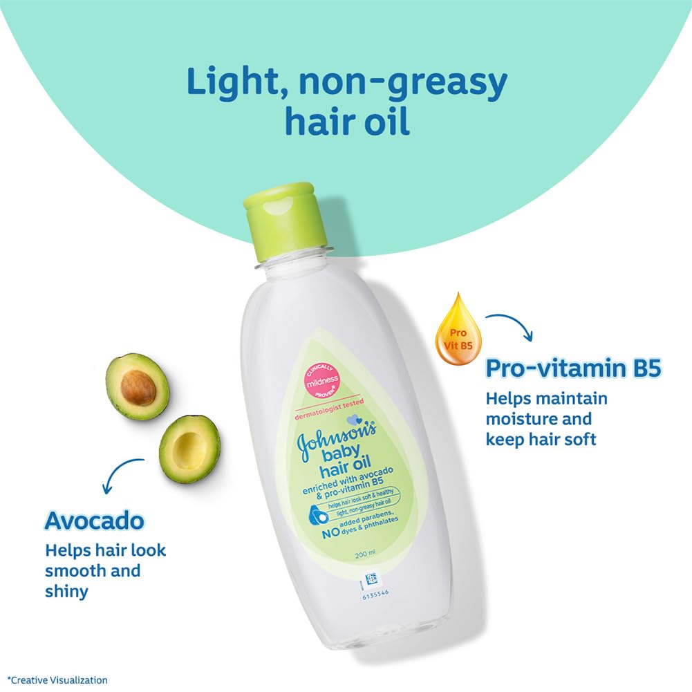 Johnson's Baby Hair Oil Combo 200ml x 2 | Light, Non-Greasy Baby Hair Oil | Enriched with Avocado & Pro-Vitamin B5