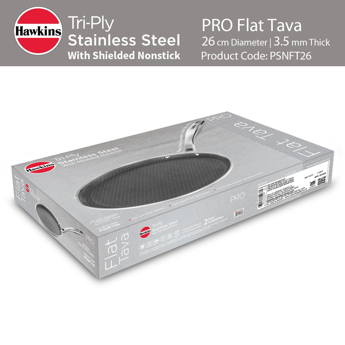 Hawkins 26 cm Triply with Shielded Nonstick Pro Flat Tava | Induction & Gas Compatible | Flat Surface, Spill-Resistant Rim | Silver (PSNFT26)