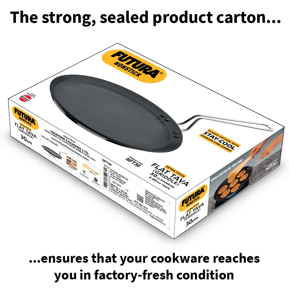 Hawkins Futura 30 cm Flat Tava, Non Stick Tawa with Stainless Steel Handle, Tawa with Rim, Pancake Pan, Flat Pan, Black (NFT30)