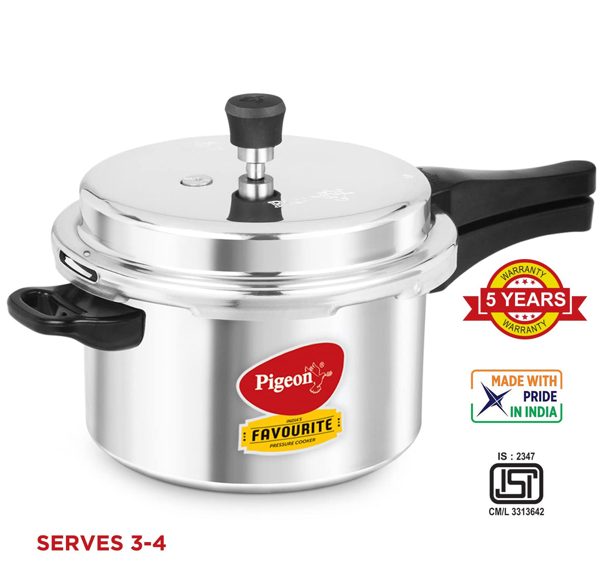 Pigeon By Stovekraft Favourite Induction Base Aluminium Pressure Cooker with Outer Lid, 5 Litres, Silver