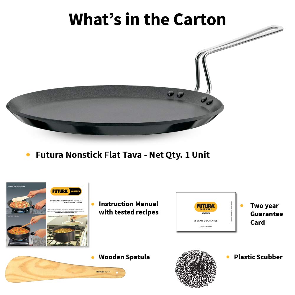 Hawkins Futura 30 cm Flat Tava, Non Stick Tawa with Stainless Steel Handle, Tawa with Rim, Pancake Pan, Flat Pan, Black (NFT30)