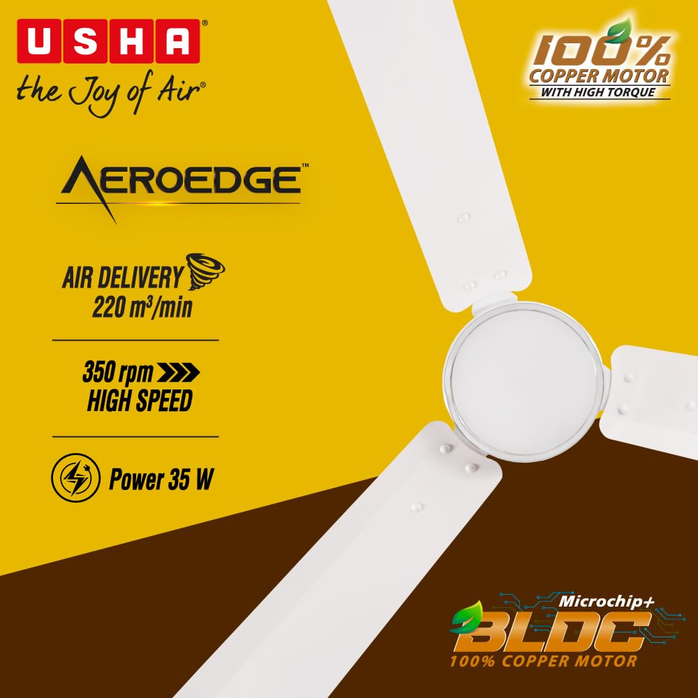 USHA AeroEdge 1200mm BLDC Ceiling Fan with RF Remote | BEE 5 Star Rated Energy Efficient | 100% Copper Motor | High Air Delivery 220CMM | 3-Year Motor &...
