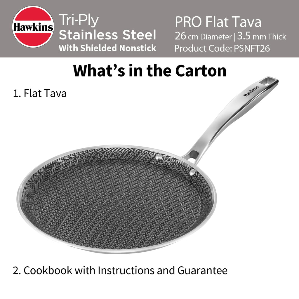 Hawkins 26 cm Triply with Shielded Nonstick Pro Flat Tava | Induction & Gas Compatible | Flat Surface, Spill-Resistant Rim | Silver (PSNFT26)
