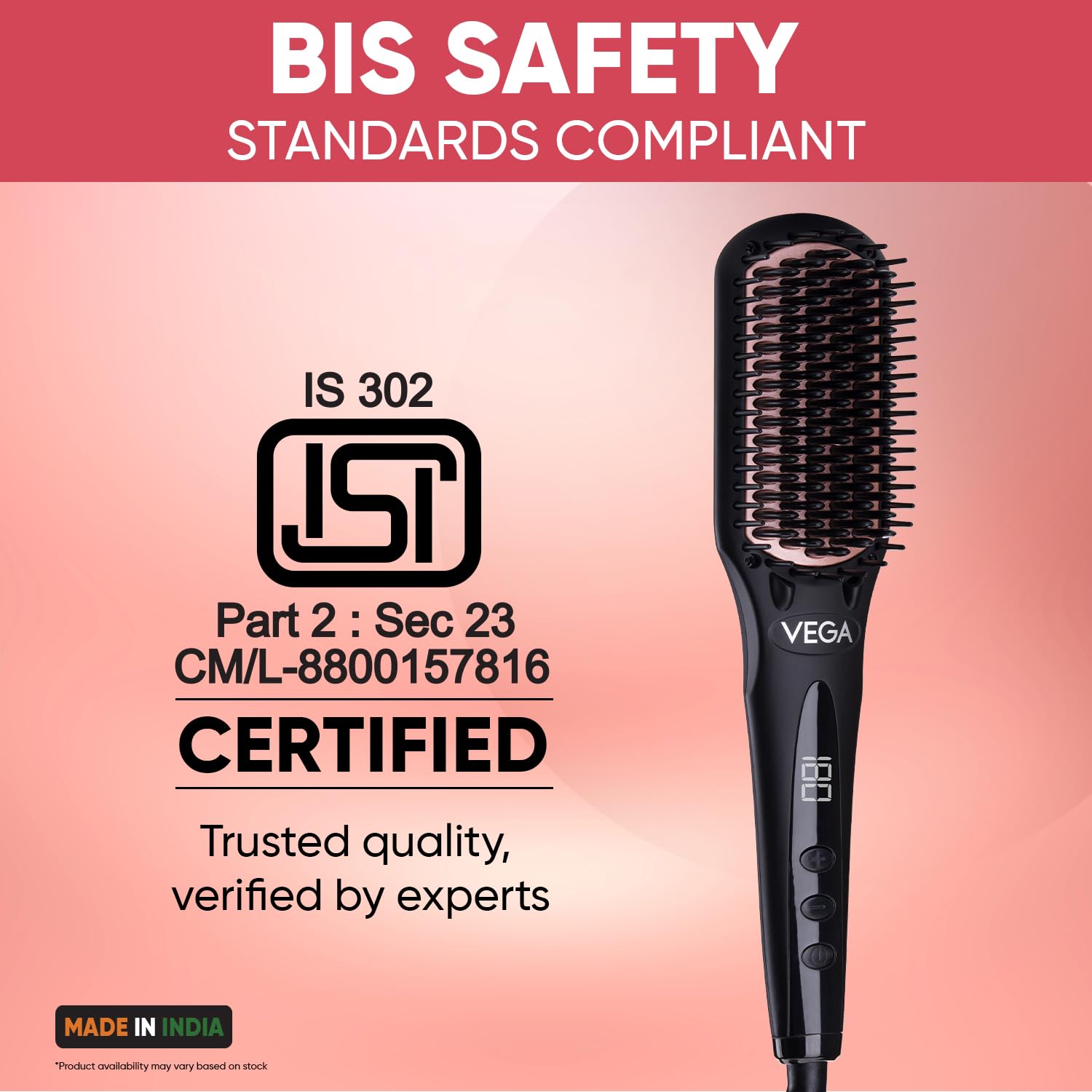 Vega Black Shine Hair Straightener Brush for Women, Straight in Min, Ionic & Thermoprotect Technology, 16 Temperature Settings