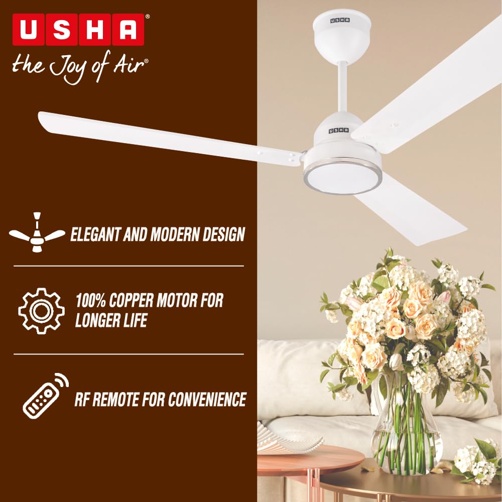 USHA AeroEdge 1200mm BLDC Ceiling Fan with RF Remote | BEE 5 Star Rated Energy Efficient | 100% Copper Motor | High Air Delivery 220CMM | 3-Year Motor &...