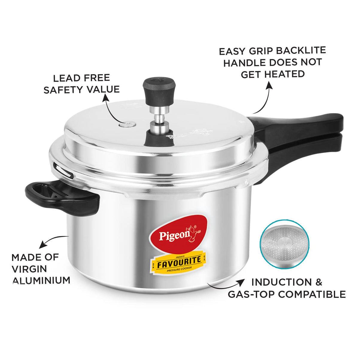 Pigeon By Stovekraft Favourite Induction Base Aluminium Pressure Cooker with Outer Lid, 5 Litres, Silver