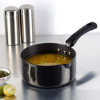Vinod Black Pearl Hard Anodised Saucepan - 1.7 Litre, 16 cm | 3.25 mm Thick | Easy Pour Spout | Bakelite Handle | Scratch Proof | Induction and Gas Base | 2 Year Warranty
