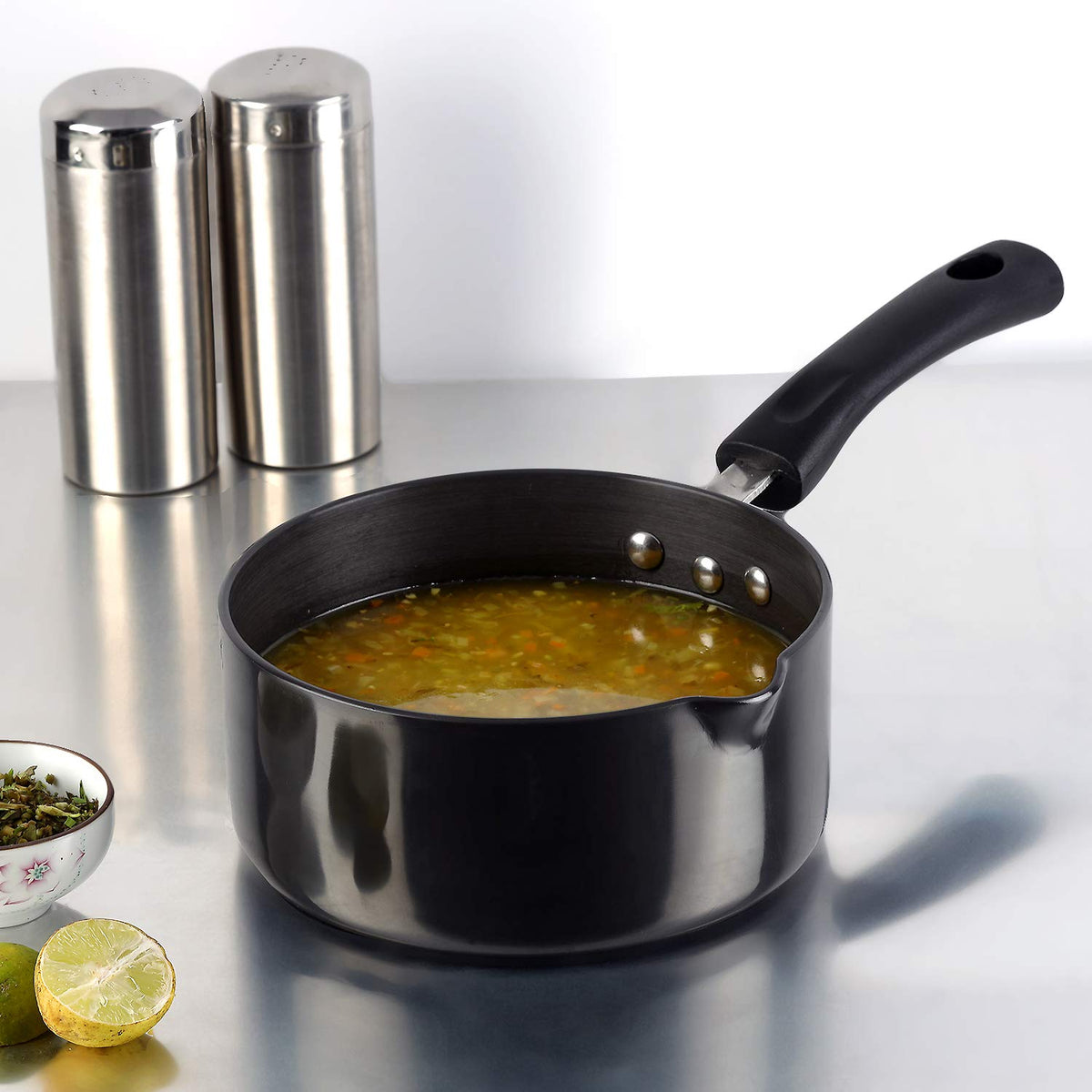 Vinod Black Pearl Hard Anodised Saucepan - 1.7 Litre, 16 cm | 3.25 mm Thick | Easy Pour Spout | Bakelite Handle | Scratch Proof | Induction and Gas Base | 2 Year Warranty