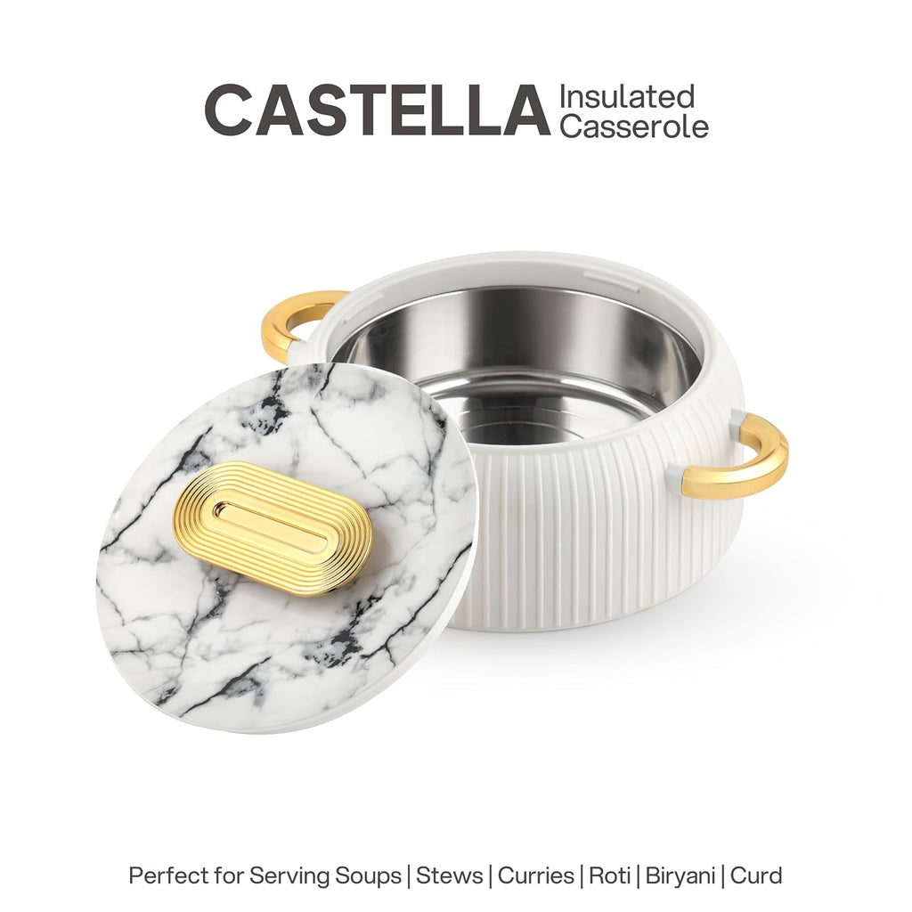CELLO Castella 1500 Insulated Steel Casserole Hot Box For Kitchen 1500ml Gold White |Double Wall Airtight Servin