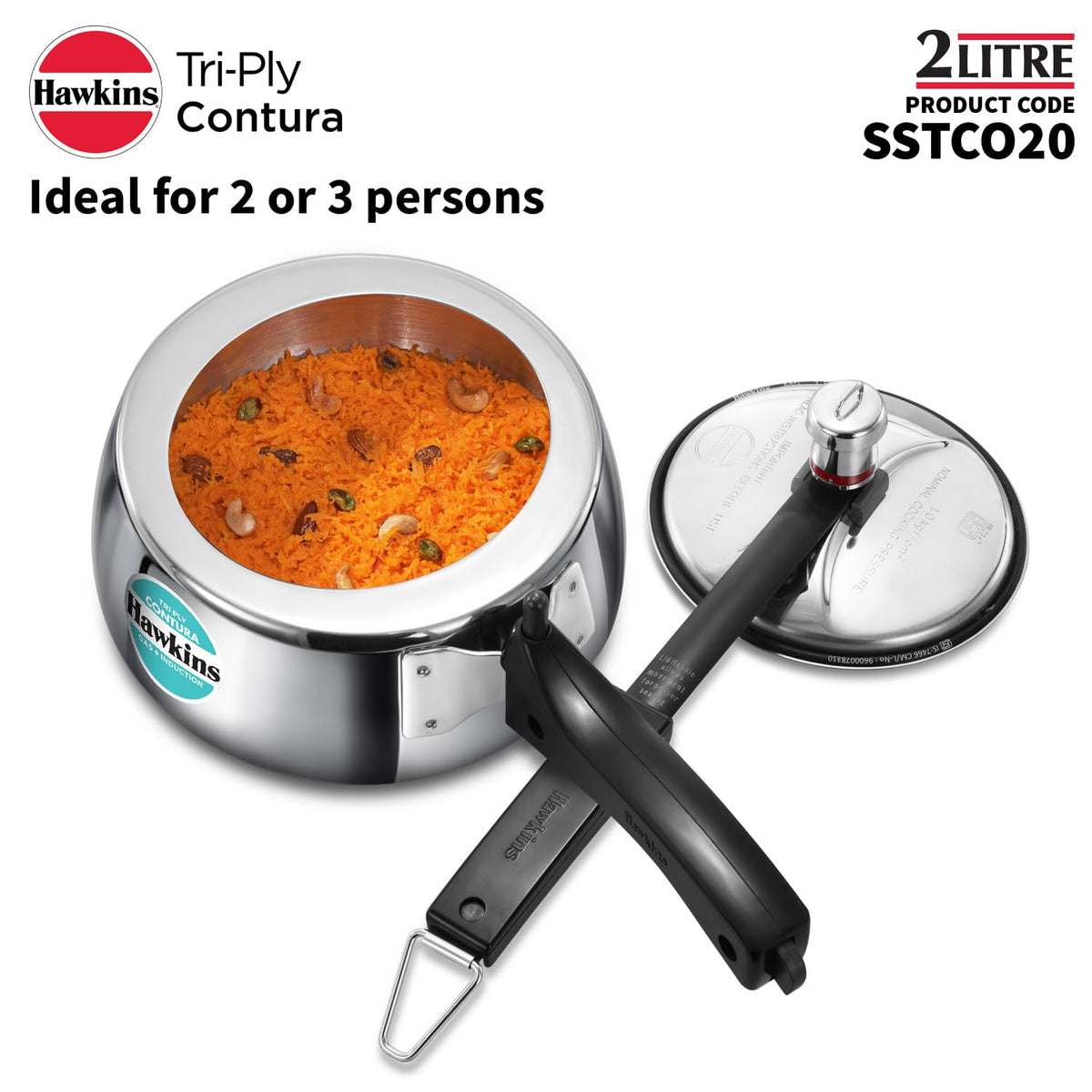 Hawkins 2 Litre Triply Stainless Steel Contura Pressure Cooker | Induction Compatible | Ideal for 2–3 persons | 5 Year Guarantee | ISI Certified | Silver (SSTCO20