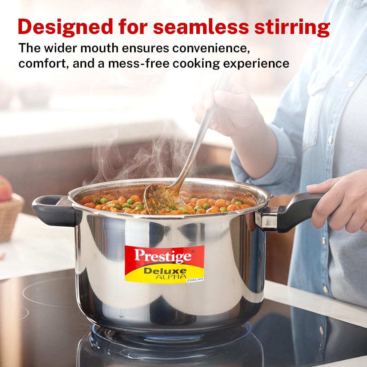 Prestige 6.5 Litre Stainless Steel Deluxe Alpha Svachh Outer Lid Pressure Cooker | 10Y Warranty | Deep Lid for Spillage Control | TRIPLY Base | Gasket Release System | Gas & Induction Compatible | ISI