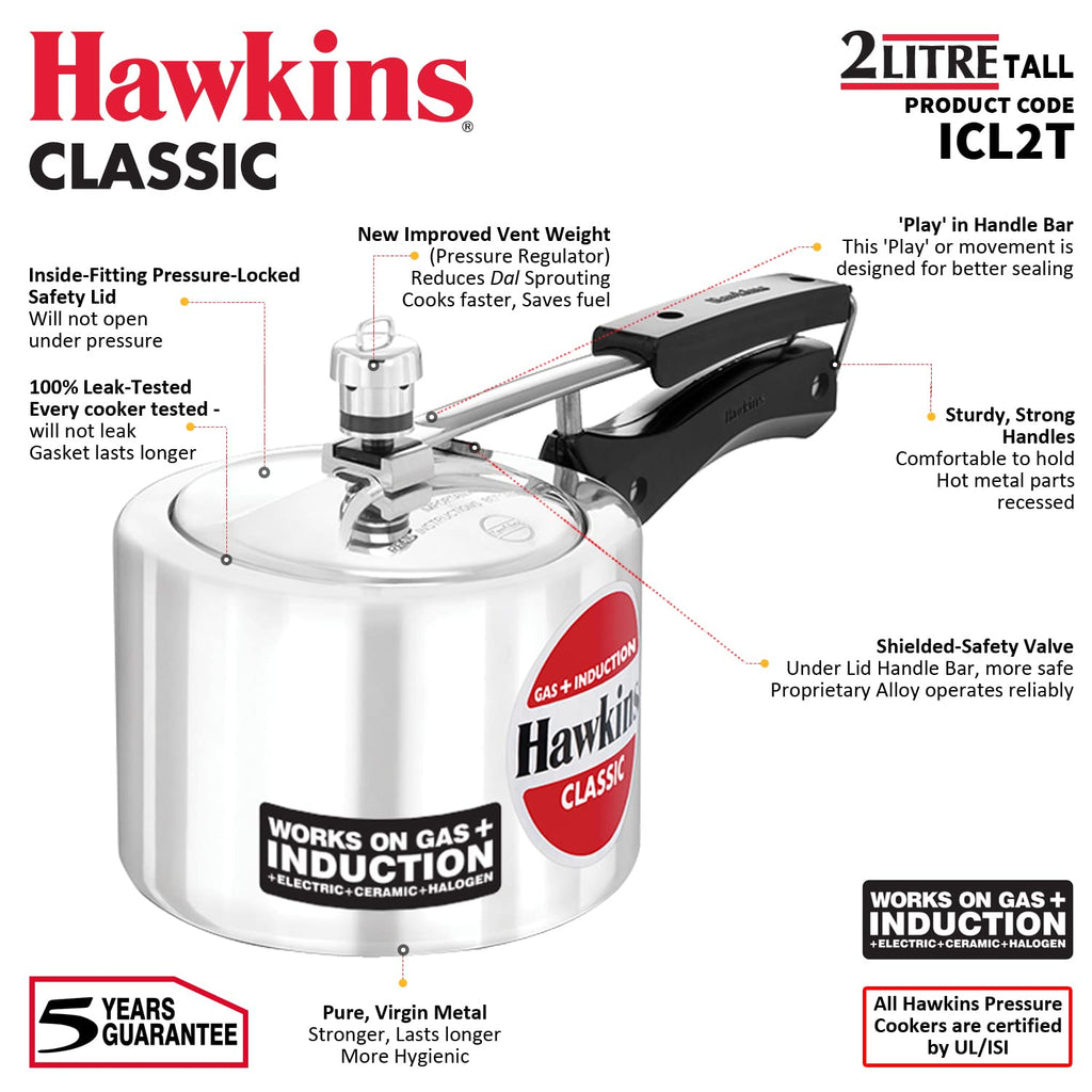 Hawkins Aluminium 2 Litre Classic Pressure Cooker, Tall Design, Induction Inner Lid Cooker, Pan Cooker, Silver (ICL2T)