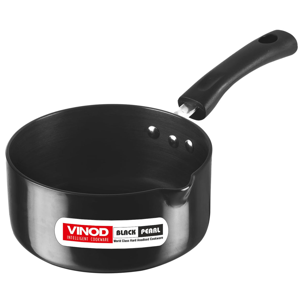 Vinod Black Pearl Hard Anodised Saucepan - 1.7 Litre, 16 cm | 3.25 mm Thick | Easy Pour Spout | Bakelite Handle | Scratch Proof | Induction and Gas Base | 2 Year Warranty