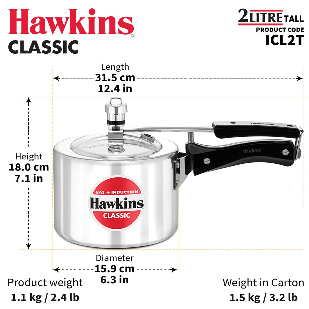 Hawkins Aluminium 2 Litre Classic Pressure Cooker, Tall Design, Induction Inner Lid Cooker, Pan Cooker, Silver (ICL2T)