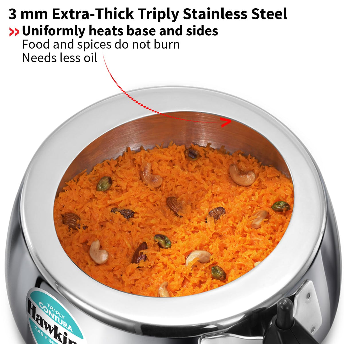 Hawkins 2 Litre Triply Stainless Steel Contura Pressure Cooker | Induction Compatible | Ideal for 2–3 persons | 5 Year Guarantee | ISI Certified | Silver (SSTCO20