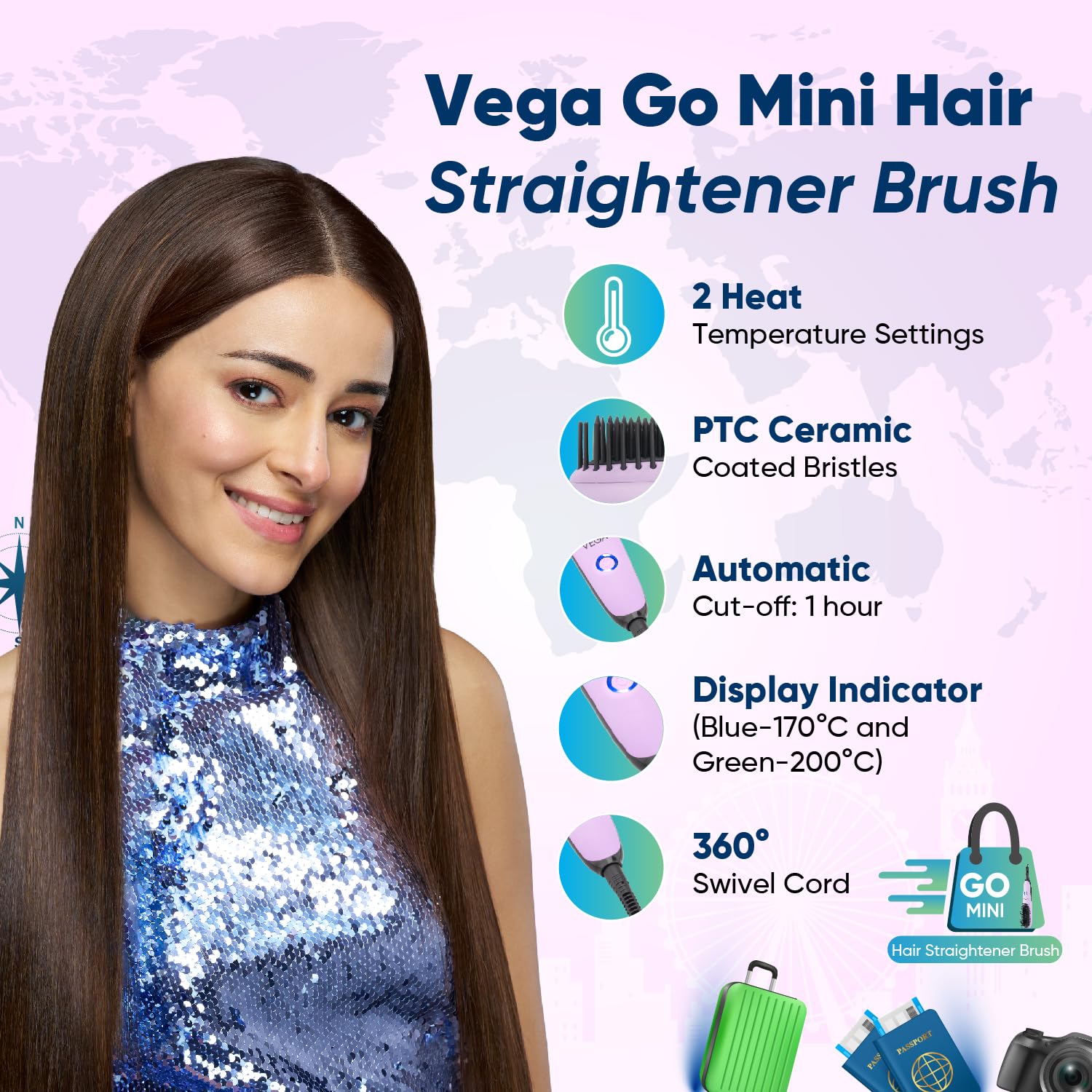 Vega Mini Hair Straightener Brush-Natural Straight in Few Min for Women |