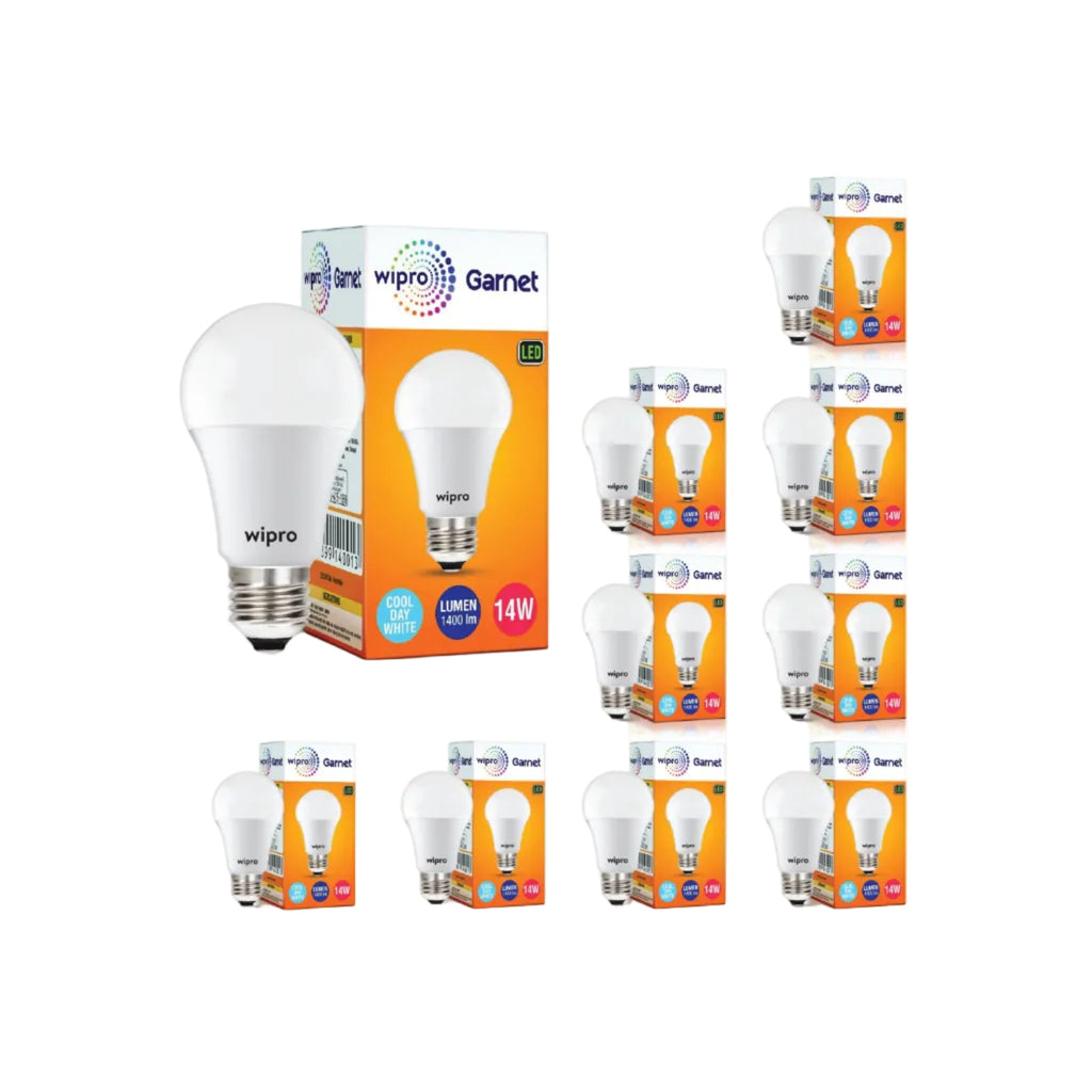 wipro Garnet 14W LED Bulb for Home & Office |Cool Day White (6500K) | E27 Base|220 degree Light coverage |4Kv Surge Protection |400V High Voltage Protection |Energy Efficient | Pack of 10