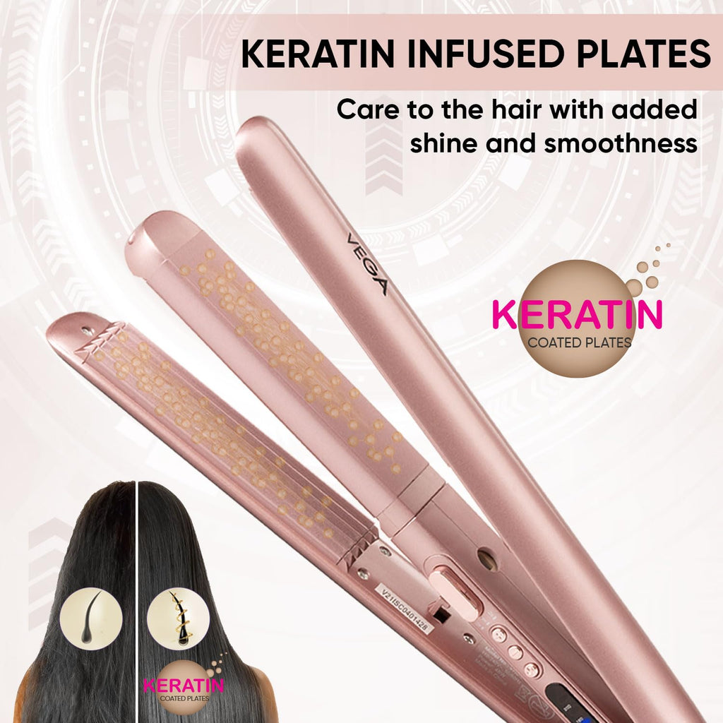 Vega Glam Glitz 2 In 1 Hair Styler, Straightener & Crimper with Keratin Infused Ceramic Coated Plates & 5