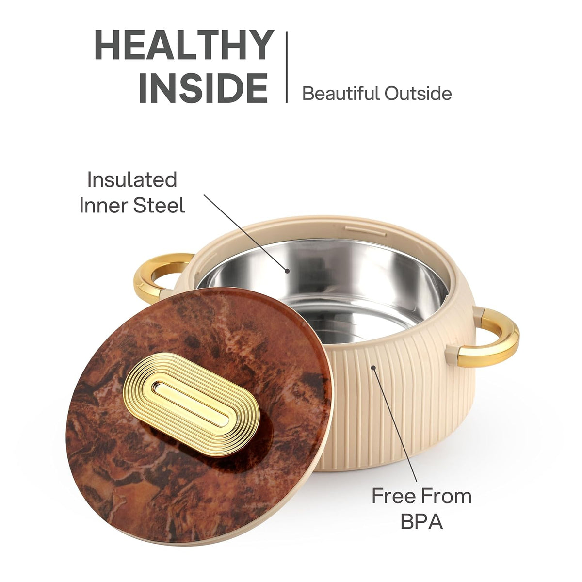 CELLO Castella Insulated Steel Casserole Set of 3 Pcs (1000ml, 1000ml, 1500ml) Gold Beige |