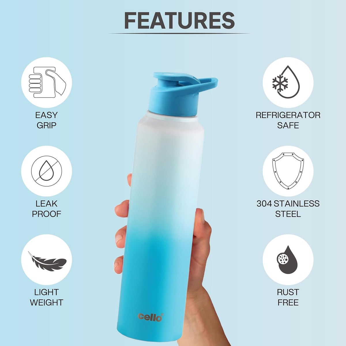CELLO Aqua Pro Max Stainless Steel Water Bottle 1000 ml White & Blue | ISI Certified Single Wall Rust & Leakproof Fridge Safe Stylish Easy Grip Colorful Steel Water Bottle For Office & Daily Use