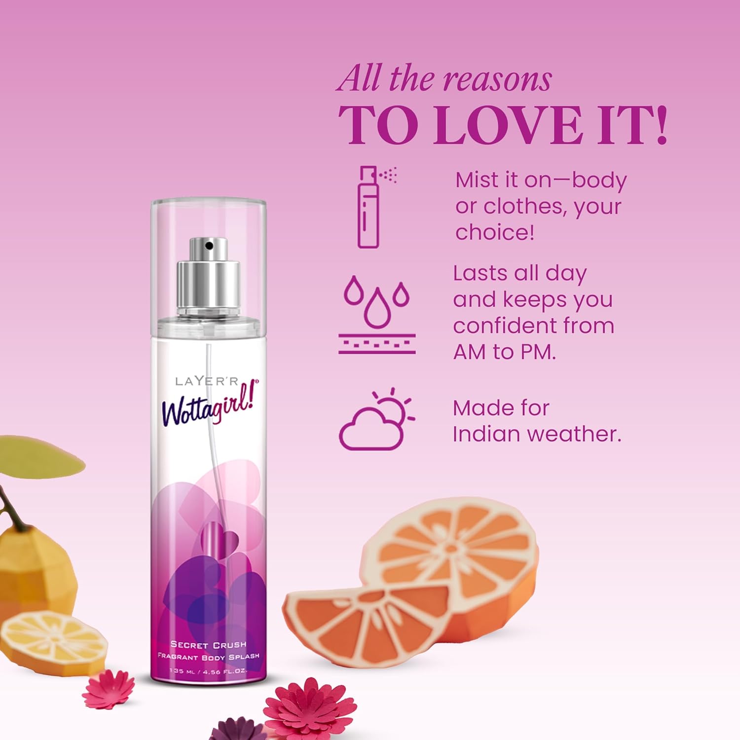 Layer'r Wottagirl Secret Crush Body Splash for Women 135ml | Long-lasting body splash with mandarin, pineapple & vanilla notes. Fruity fragrance for...