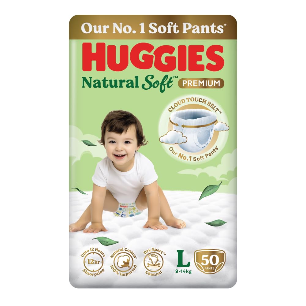 Huggies Natural Soft Premium Baby Diaper Pants, Our No.1 Soft Pants, Large (L) Size (9-14 Kgs), Pack of 50 diapers | Cloud Softness All over with India'...