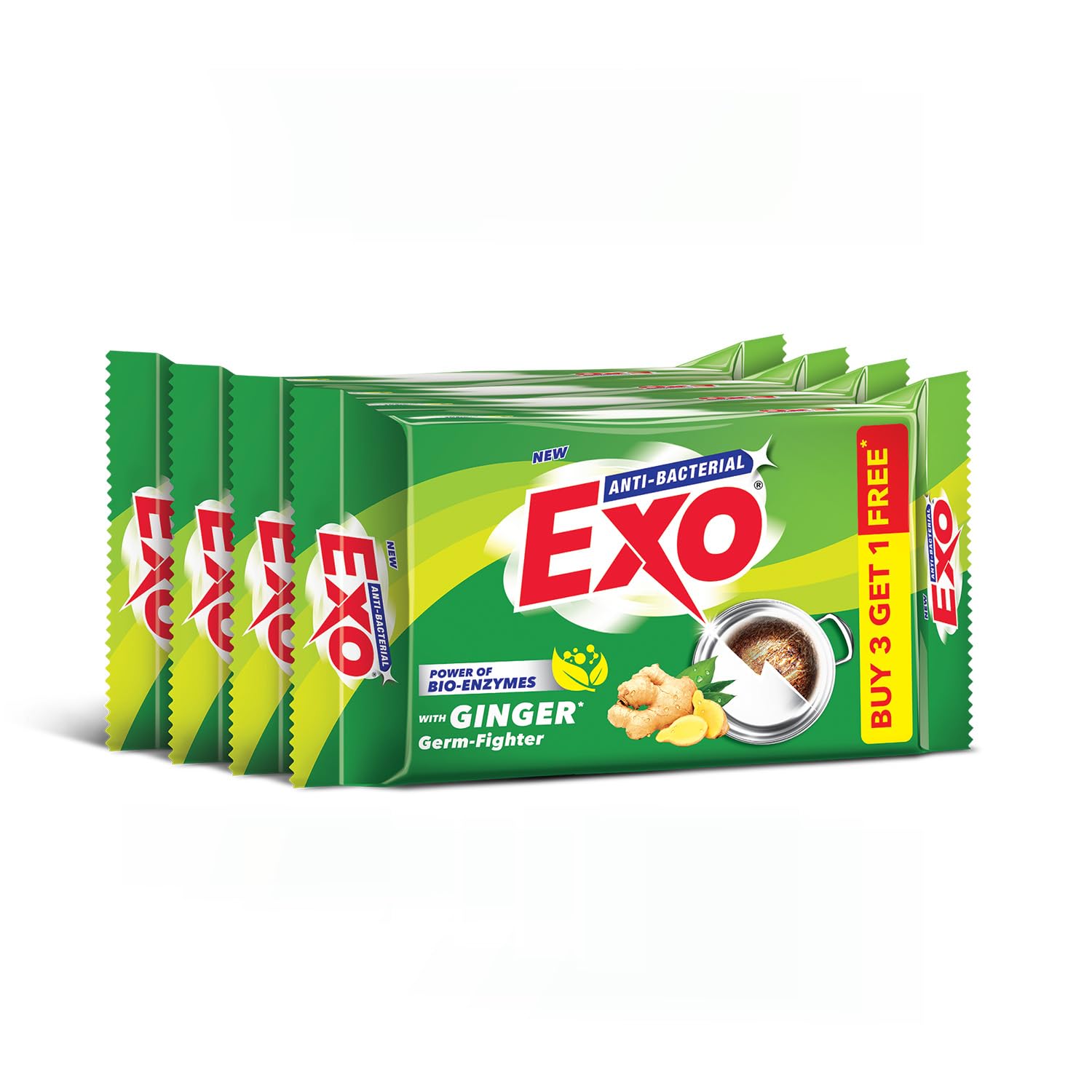 Exo Dishwash Bar, 360gm (90gm X (3 + 1 Bar Free) | Complete Dishwashing Solution With Anti-Bacterial Efficacy & Goodness of Ginger Remove Tough Grime Stains | Experience Hygienic & Superior Cleaning