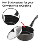 CELLO Aluminium Non-Stick Sauce/Milk Pan with Glass Lid for Kitchen 1.5 Litre, Black | PFOA Free, Bakelite Handle, Gas Stove & Induction Compatible Milk Tea Sauce Boiling Water Pans Pots for Cooking